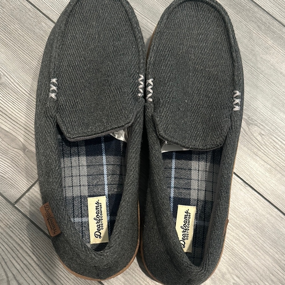 Dearfoams Gray Slip-On Loafers with White Sole and Plaid Lining